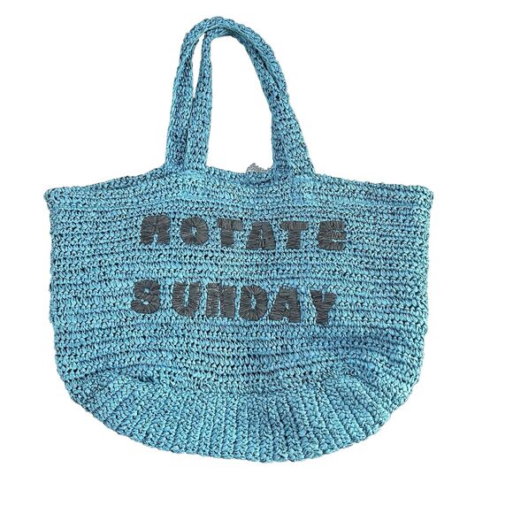 Rotate Birger Christensen Neeti Embroidered Logo Raffia Tote Shopping Bag Blue - Picture 1 of 7